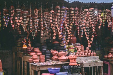 Terracotta pottery and handicrafts displayed at a market stall in Kolkata