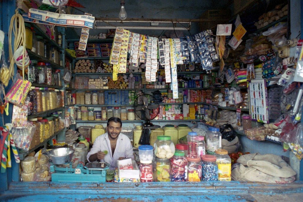 Crowded electronics and hardware shop typical of Chandni Chowk market in Kolkata