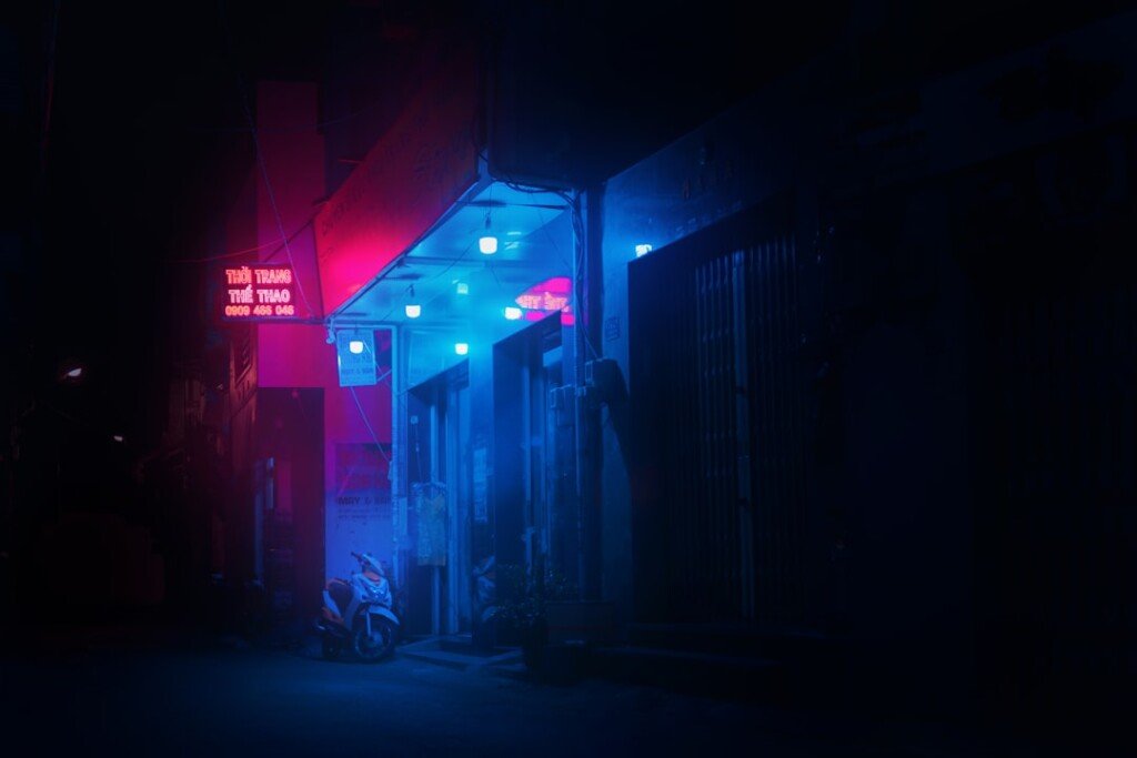 Illuminated storefront on Park Street Kolkata at night, capturing the area's nightlife atmosphere