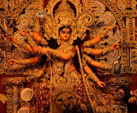 Traditional clay Durga idol at a heritage Kolkata puja