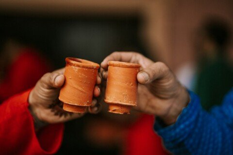 Two clay cups of bhar-er-cha, the traditional milk tea served at tea shops in Kolkata
