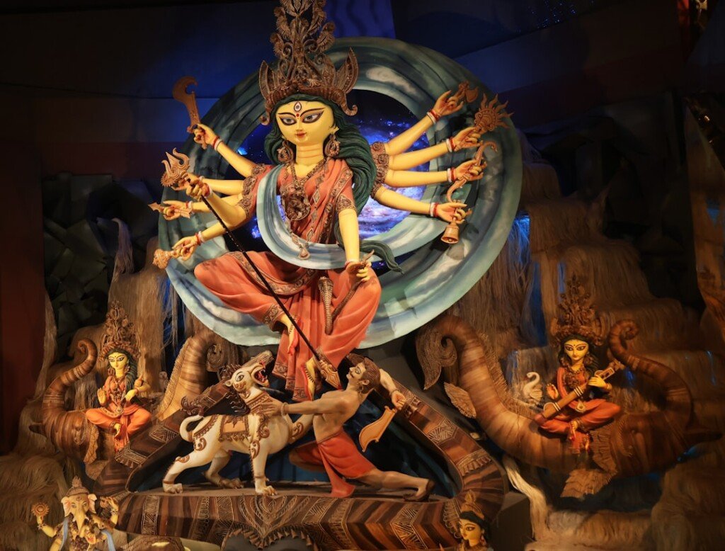 Illuminated Durga Puja pandal in Kolkata at night