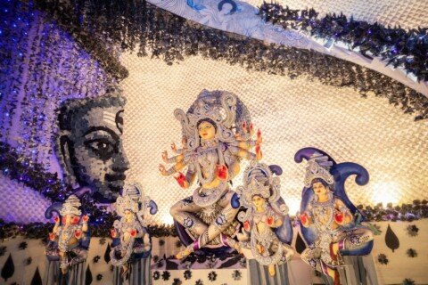 Goddess Durga idol inside a Kolkata Durga Puja pandal ahead of the Mahalaya 2026 launch at Eden Gardens