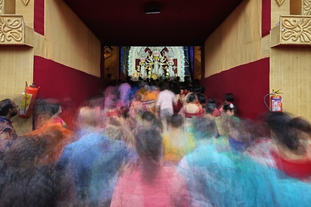 Evening crowd at a South Kolkata Durga Puja pandal