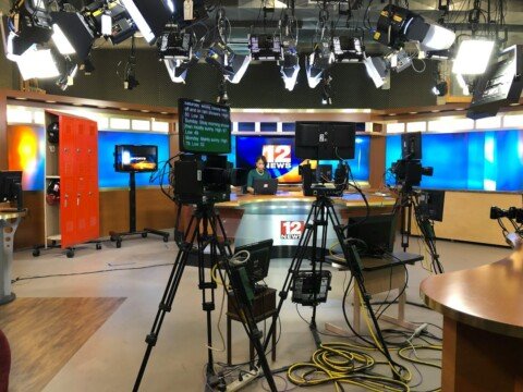 Television news studio camera setup, representing mass communication and journalism colleges in Kolkata