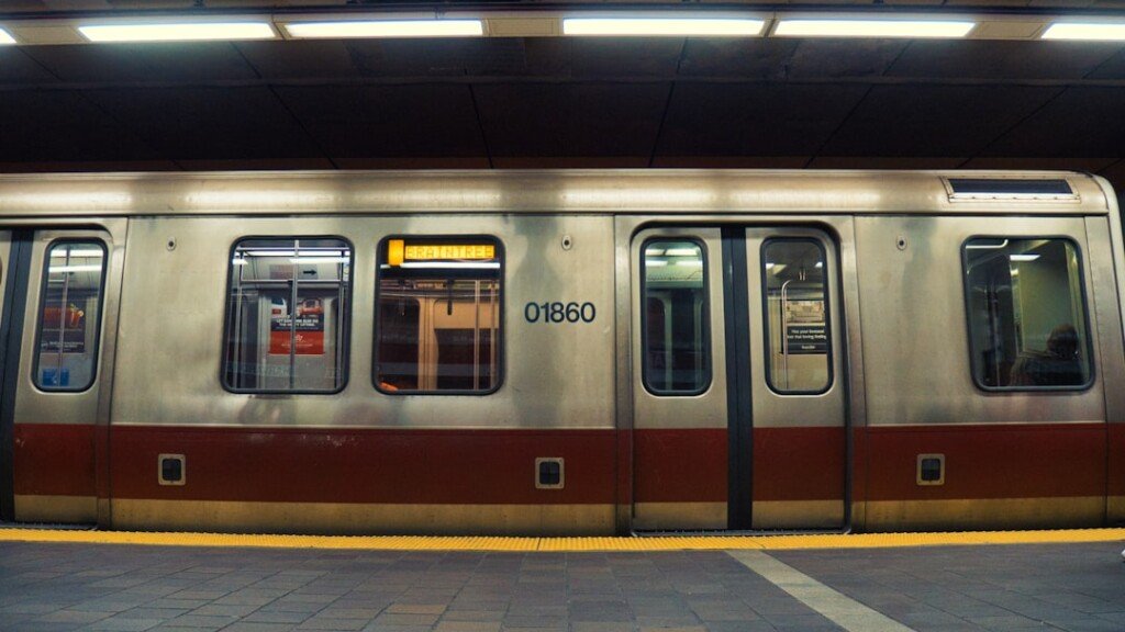 Metro train arriving at a station platform