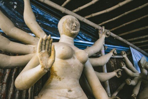 Crowds outside a traditional North Kolkata Durga Puja pandal
