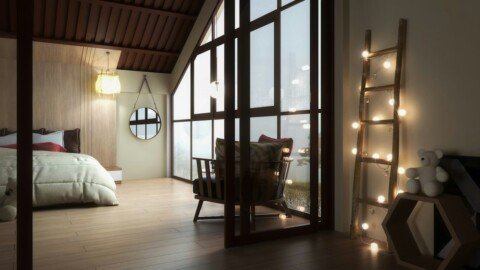 Cozy bedroom with large windows and string lights, an example of a comfortable PG room